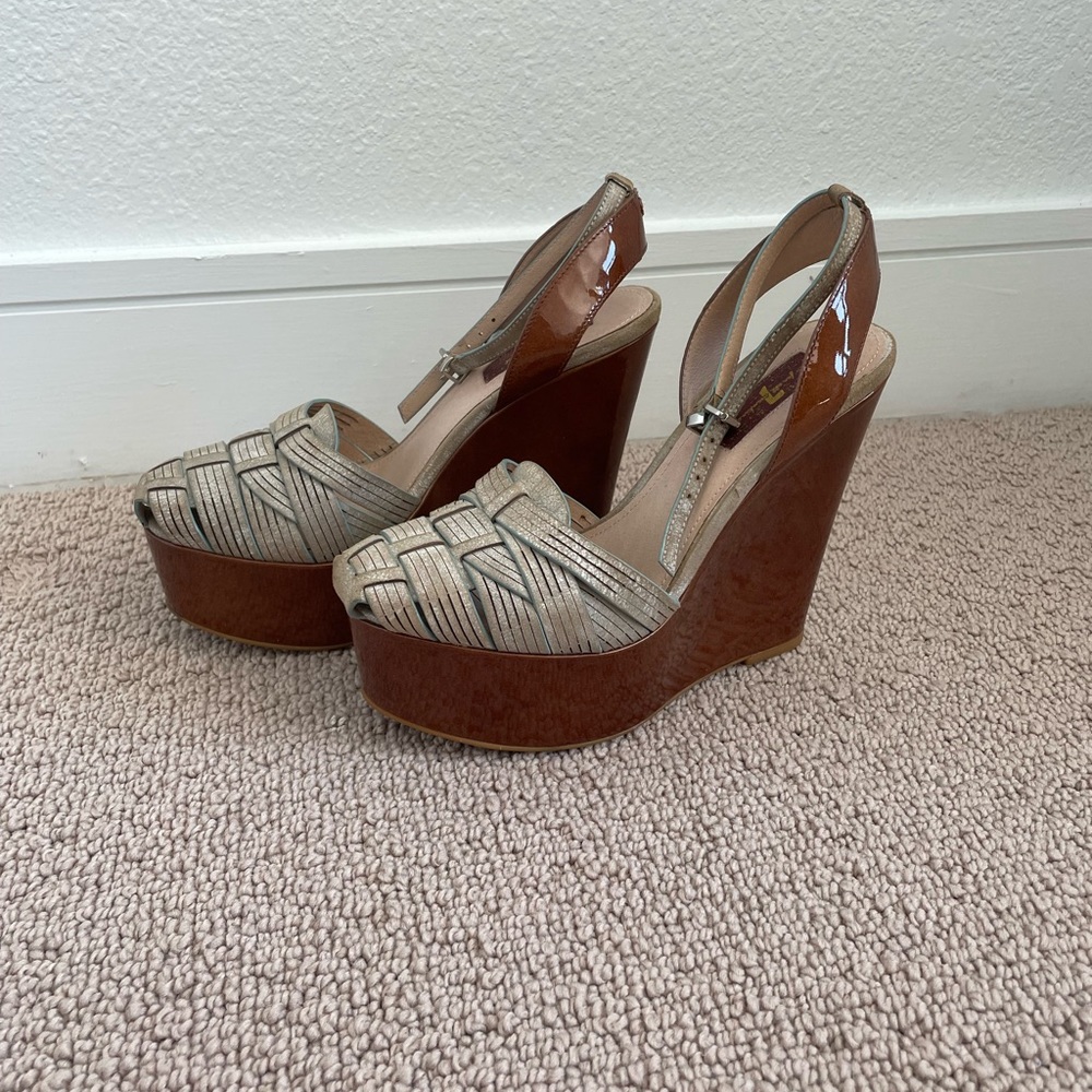 7 for All Mankind blue suede leather platform wedge size women’s 7